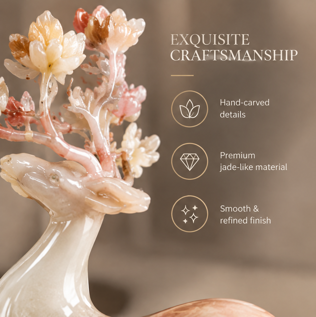 Close-up of hand-carved floral antler branches — Hand-carved Details, Premium Jade-like Material, Smooth and Refined Finish