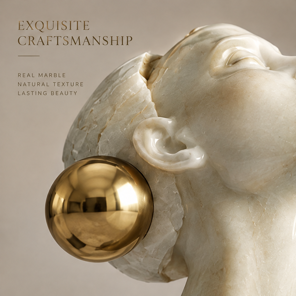 Close-up of polished gold sphere earring detail against marble surface — Exquisite Craftsmanship, Real Marble, Natural Texture, Lasting Beauty