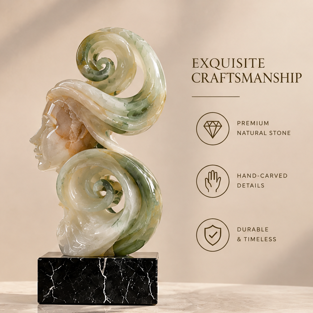 Close-up of jade goddess face side profile showing meticulous carving detail — Exquisite Craftsmanship, Meticulous Carving with Fine Details