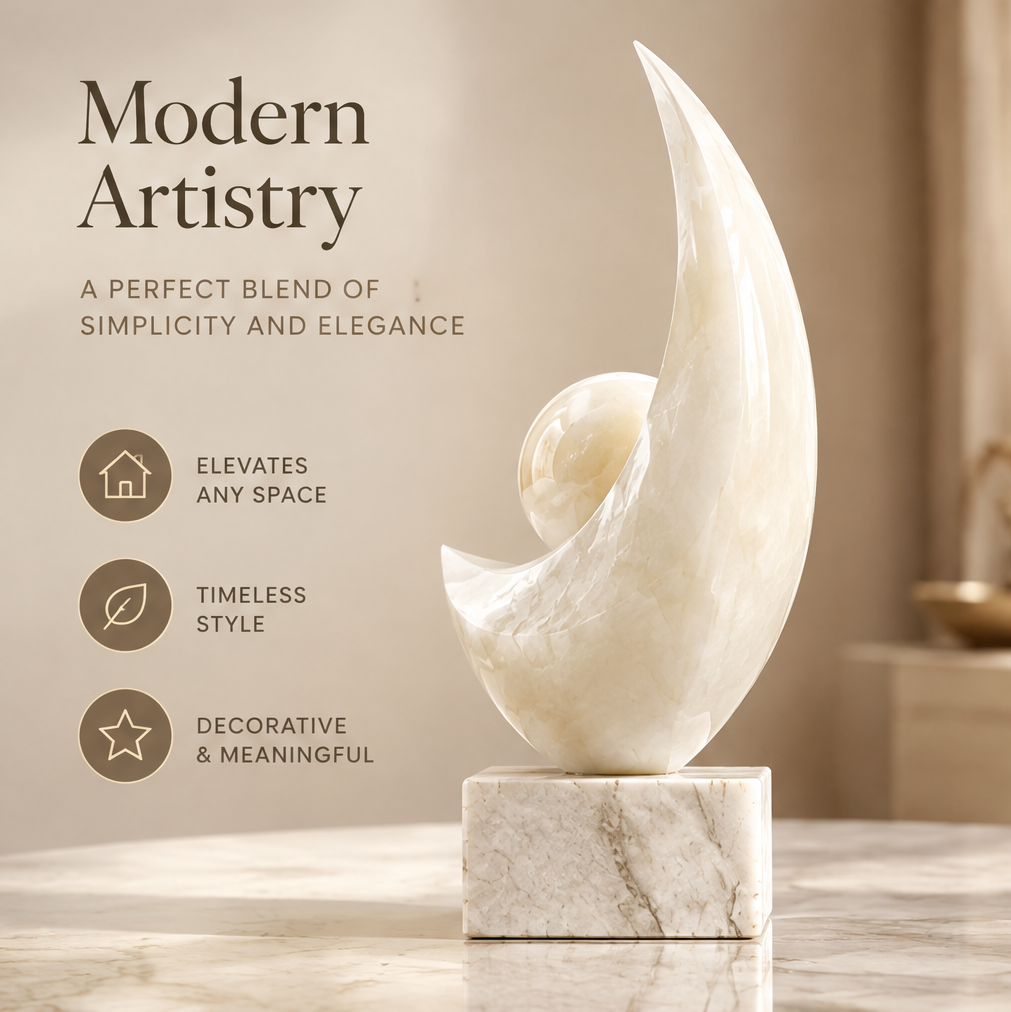 Front view of abstract crescent and sphere sculpture with sell points — Modern Artistry, A Perfect Blend of Simplicity and Elegance. Elevates Any Space, Timeless Style, Decorative and Meaningful