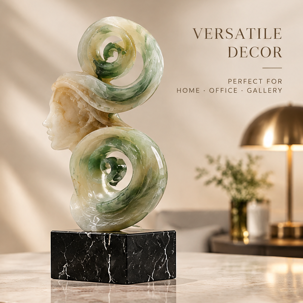 Jade goddess face spiral sculpture on marble surface with gold lamp and green plant in background — Versatile Decor, Perfect for Home, Office, Gallery