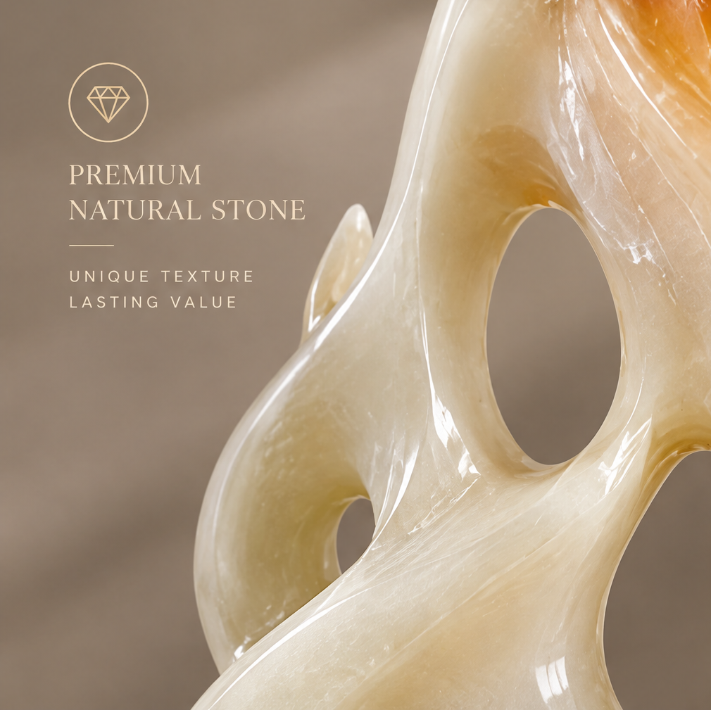 Macro close-up of multi-void flame jade sculpture showing open voids and natural stone veining — Premium Natural Stone, Unique Texture, Lasting Value