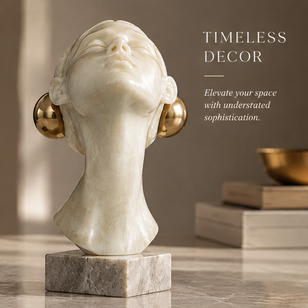 Scene view of marble female bust sculpture on console in warm interior — Timeless Decor, Elevate your space with understated sophistication