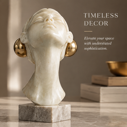 Scene view of marble female bust sculpture on console in warm interior — Timeless Decor, Elevate your space with understated sophistication
