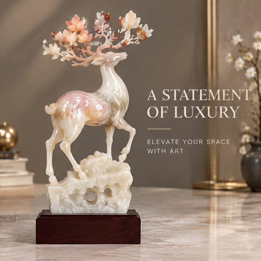 Jade deer sculpture in luxurious interior with gold sphere — A Statement of Luxury, Elevate Your Space with Art