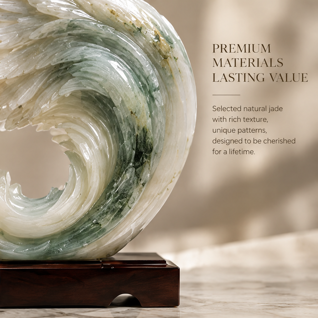 Close-up of jade wave base showing natural green veining and concentric swirl carving — Premium Materials Lasting Value, Selected natural jade with rich texture and unique patterns