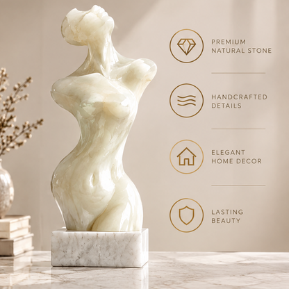 Front view of marble female torso with sell points — Premium Natural Stone, Handcrafted Details, Elegant Home Decor, Lasting Beauty