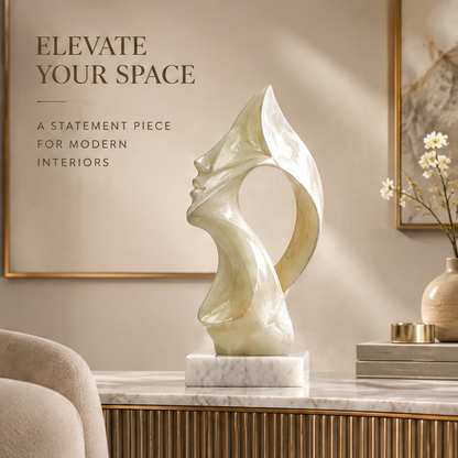 Abstract face marble sculpture on console table with gold frame and white florals — Elevate Your Space, A Statement Piece for Modern Interiors