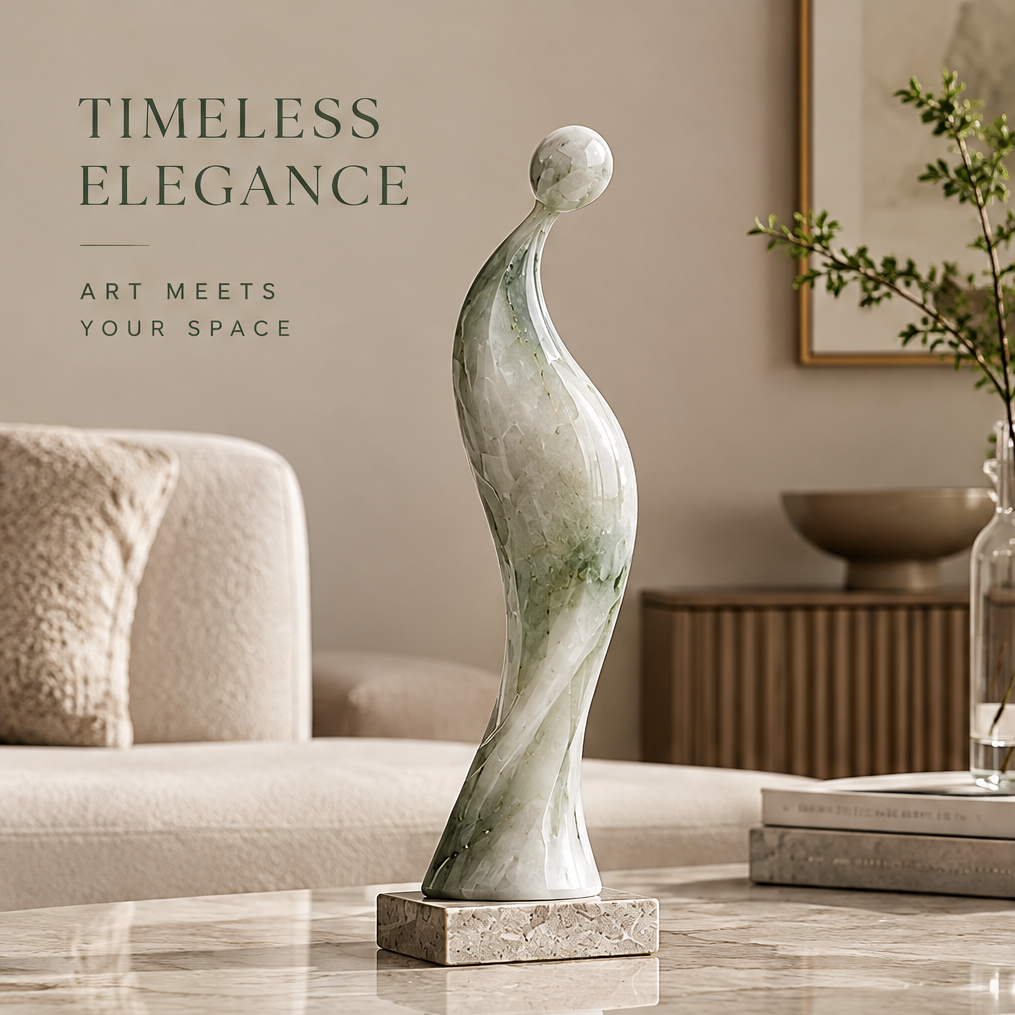 Full scene view of abstract figure sculpture on console table in living room — Timeless Elegance, Art Meets Your Space