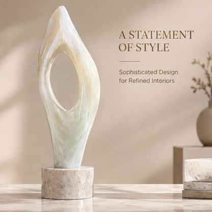 Abstract open-form flame stone sculpture on marble surface with neutral background and vase — A Statement of Style, Sophisticated Design for Refined Interiors