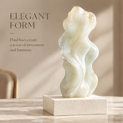 Abstract wave stone sculpture on dining table in warm interior — Elegant Form, Fluid lines create a sense of movement and harmony