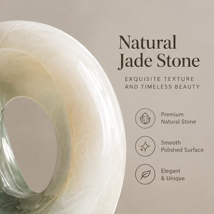 Full product view showing natural jade stone sculpture on stone base with key features: Natural Jade Stone (Rare & Authentic), Handcrafted Finish, Luxury Home Decor