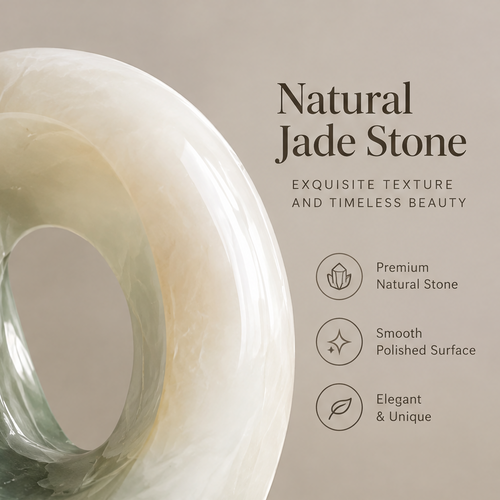 Full product view showing natural jade stone sculpture on stone base with key features: Natural Jade Stone (Rare & Authentic), Handcrafted Finish, Luxury Home Decor