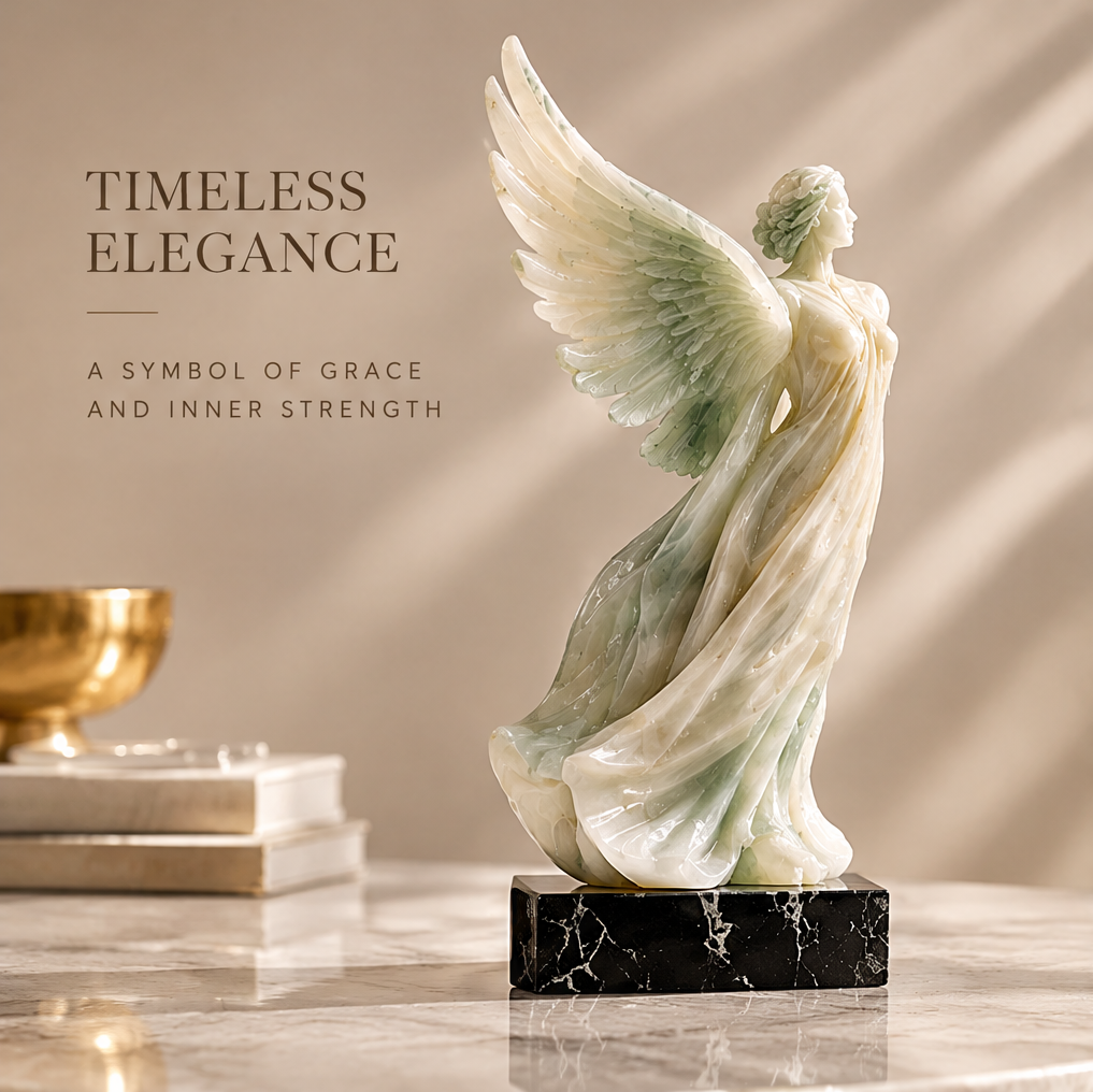 Natural jade angel sculpture side view with gold bowl and stacked books — Timeless Elegance, A Symbol of Grace and Inner Strength