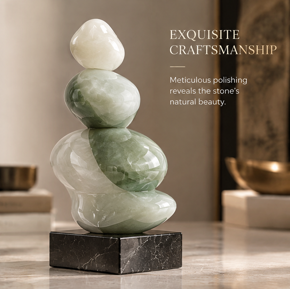 Scene view of stacked jade sculpture in warm-toned interior — Exquisite Craftsmanship, meticulous polishing reveals the stone’s natural beauty
