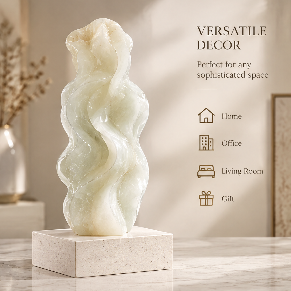 Abstract wave stone sculpture with sell points — Versatile Decor, Perfect for any sophisticated space: Home, Office, Living Room, Gift