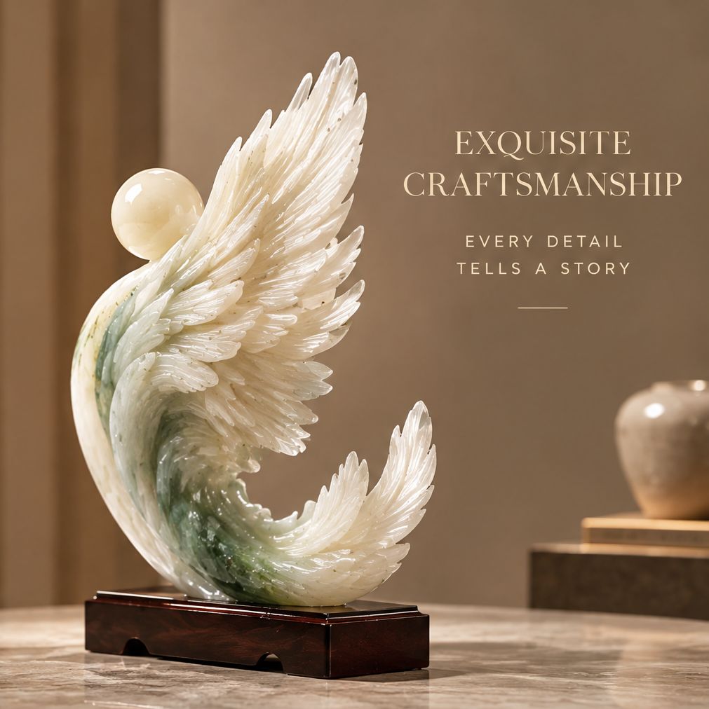 Close-up of cream jade sphere resting on hand-carved feather wing tip — Premium Natural Jade, Exquisite Polishing, Lasting Elegance