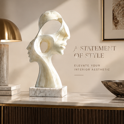 Abstract dual-face marble sculpture on luxury sideboard with gold lamp and dark glass bowl — A Statement of Style, Elevate Your Interior Aesthetic