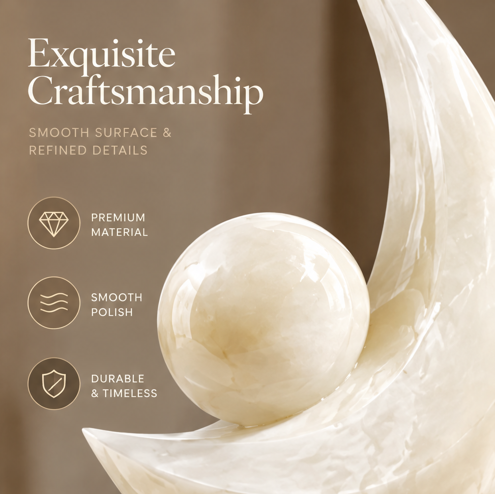 Abstract crescent and sphere stone sculpture in luxurious interior with white florals and gold accessories — Elevate Your Space, Luxury Decor for a More Beautiful Tomorrow