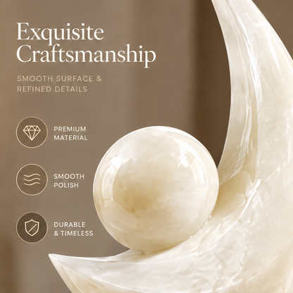 Abstract crescent and sphere stone sculpture in luxurious interior with white florals and gold accessories — Elevate Your Space, Luxury Decor for a More Beautiful Tomorrow