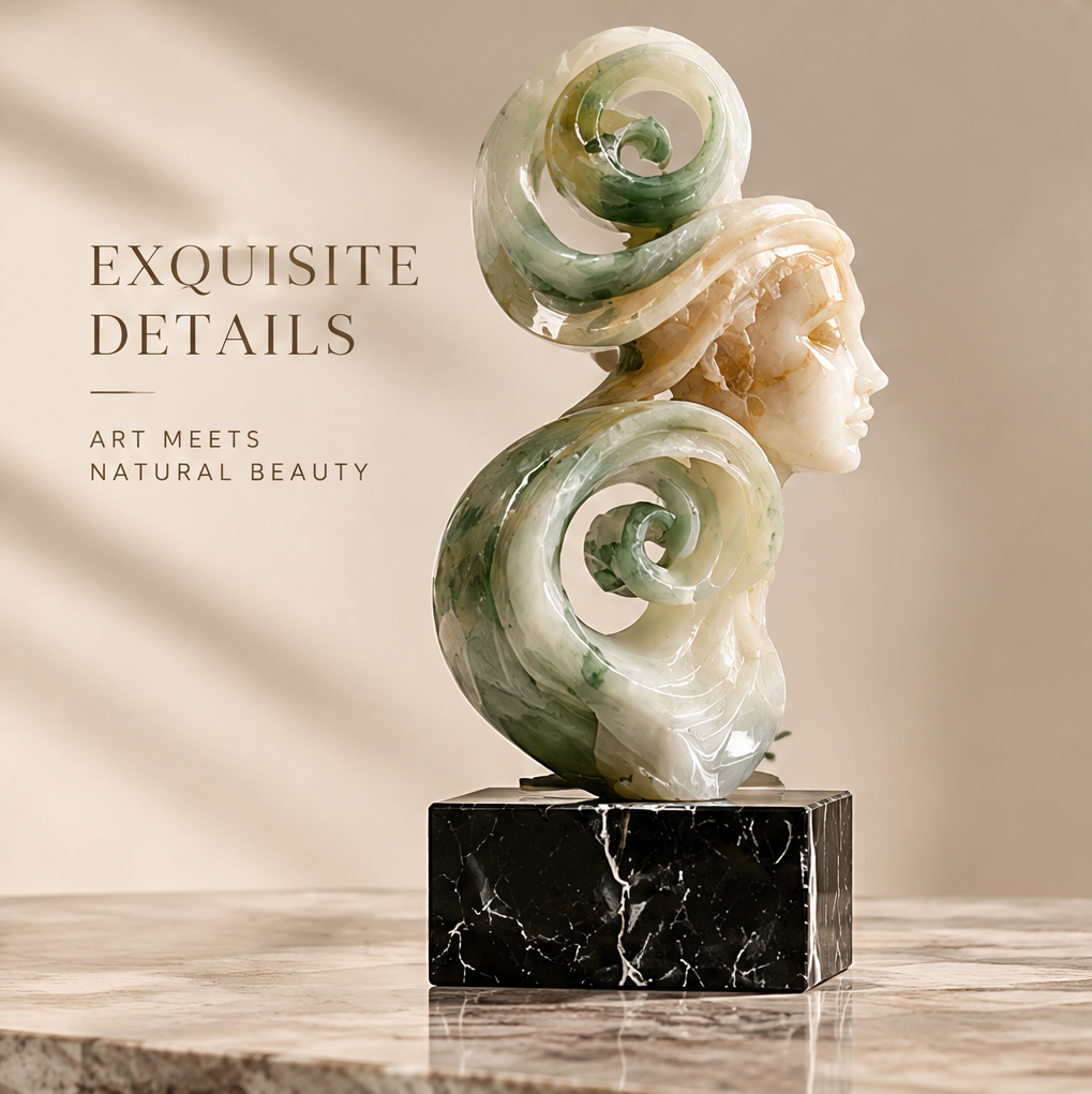 Jade goddess face dual-spiral sculpture full view on plain background — Exquisite Details, Art Meets Natural Beauty