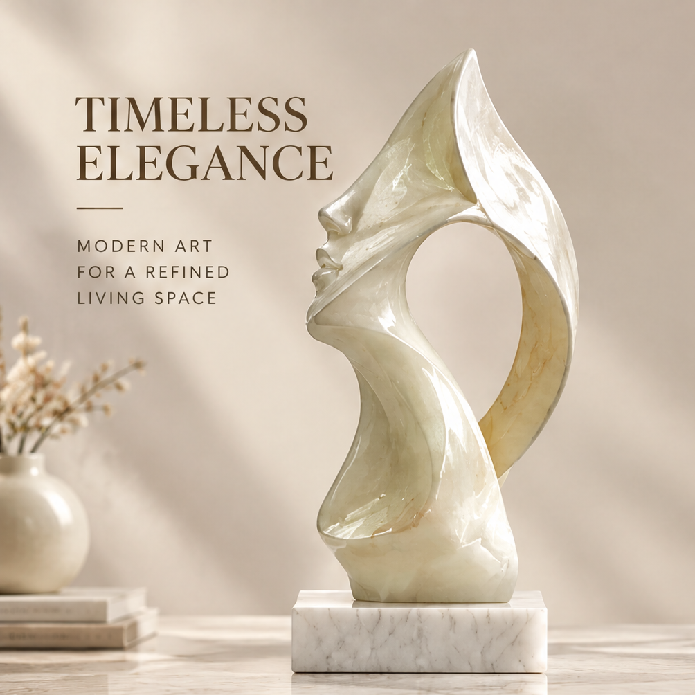 Side view of abstract face marble sculpture against neutral background — Timeless Elegance, Modern Art for a Refined Living Space
