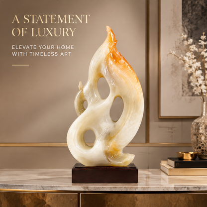 Abstract jade flame sculpture on round marble console with white florals and gold accessories — A Statement of Luxury, Elevate Your Home with Timeless Art