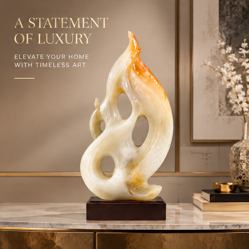 Abstract jade flame sculpture on round marble console with white florals and gold accessories — A Statement of Luxury, Elevate Your Home with Timeless Art