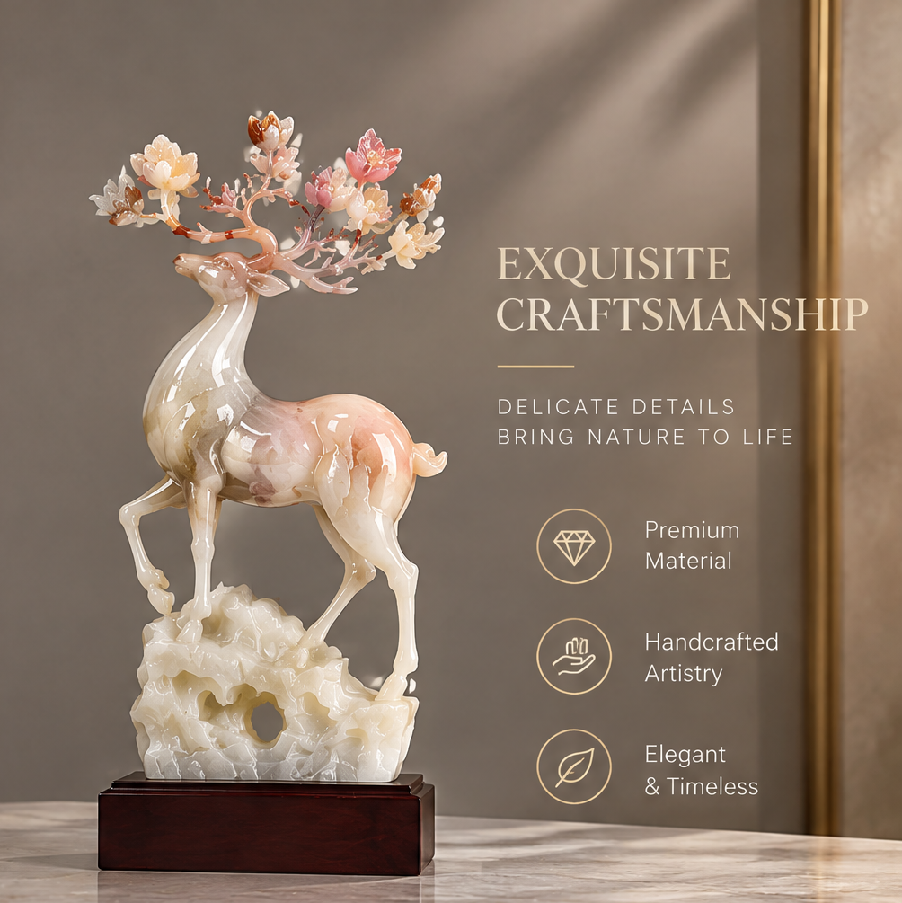 Full view of jade deer with floral antlers — Exquisite Craftsmanship, Premium Material, Handcrafted Artistry, Elegant and Timeless