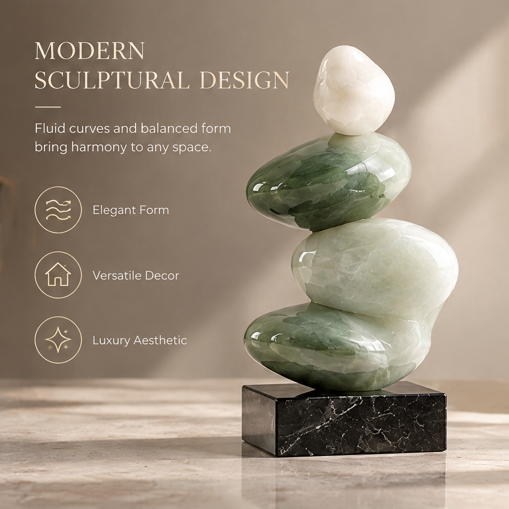 Front view of stacked jade sculpture — Modern Sculptural Design, Fluid curves and balanced form bring harmony to any space. Elegant Form, Versatile Decor, Luxury Aesthetic