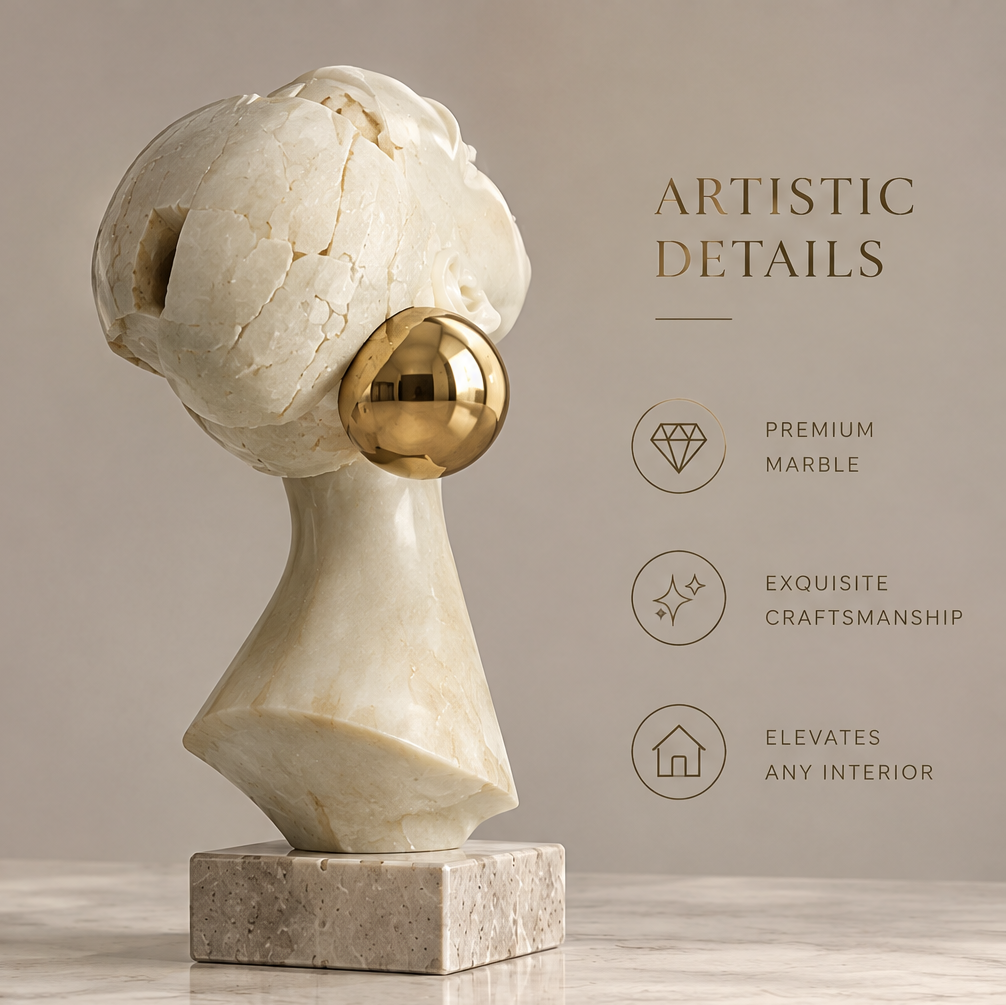 Back view of marble female bust showing textured crown and gold sphere earring — Artistic Details, Premium Marble, Exquisite Craftsmanship, Elevates Any Interior