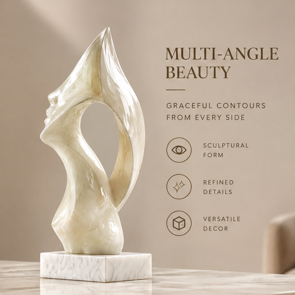 Front view of abstract face marble sculpture with sell points — Multi-Angle Beauty, Graceful Contours from Every Side. Sculptural Form, Refined Details, Versatile Decor