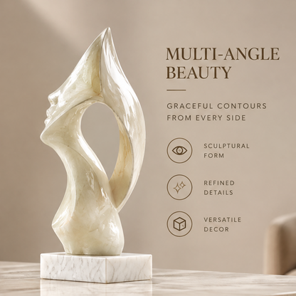 Front view of abstract face marble sculpture with sell points — Multi-Angle Beauty, Graceful Contours from Every Side. Sculptural Form, Refined Details, Versatile Decor
