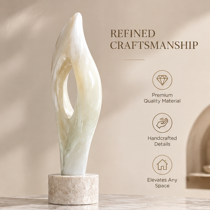 Abstract open-form flame sculpture with sell points — Refined Craftsmanship, Premium Quality Material, Handcrafted Details, Elevates Any Space