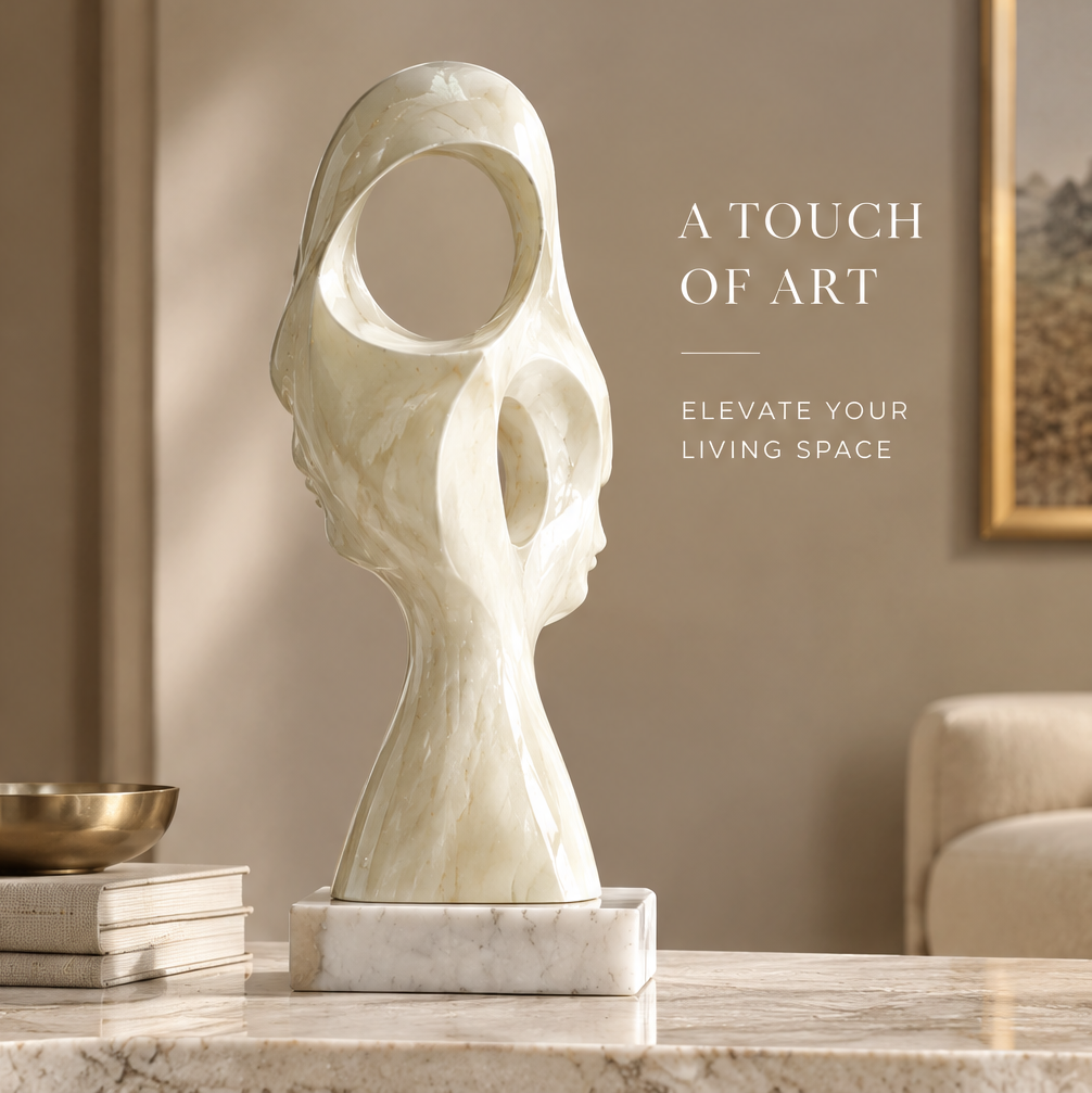 Abstract dual-face marble sculpture on marble table with gold bowl and books — A Touch of Art, Elevate Your Living Space