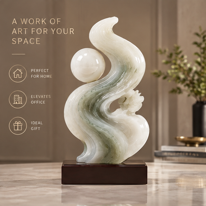 Abstract jade S-wave sculpture on marble surface with green plant in background — A Work of Art for Your Space, Perfect for Home, Elevates Office, Ideal Gift