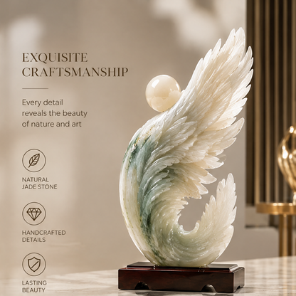 Abstract jade wing-wave sculpture with gold sculpture in background — Exquisite Craftsmanship, Every Detail Tells a Story