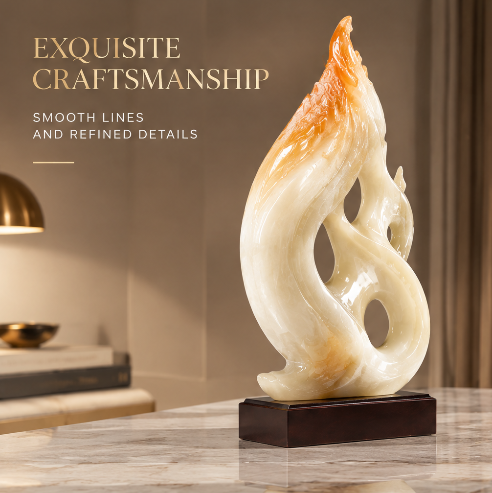 Abstract jade flame sculpture on marble surface with gold lamp in background — Exquisite Craftsmanship, Smooth Lines and Refined Details