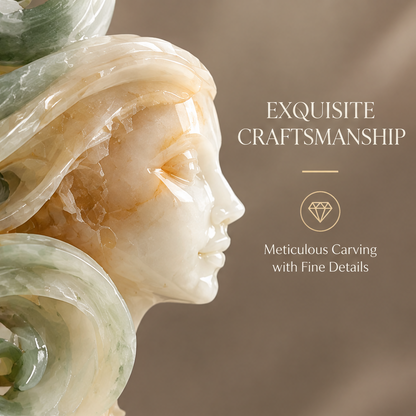 Jade goddess face dual-spiral sculpture side view with sell points — Exquisite Craftsmanship, Premium Natural Stone, Hand-carved Details, Durable and Timeless