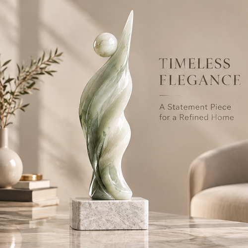 Full scene view of abstract jade figure sculpture on marble base — Timeless Elegance, A Statement Piece for a Refined Home