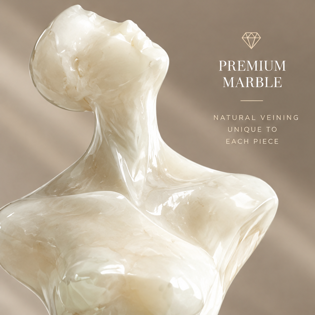 Full scene view of natural marble female torso sculpture on white marble base — Timeless Beauty, A Statement Piece for Modern Spaces