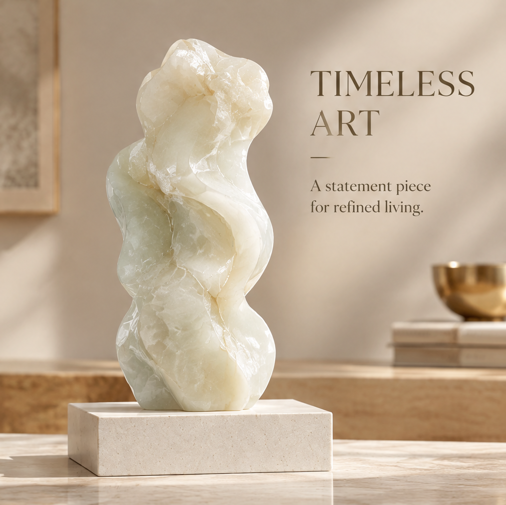 Abstract wave stone sculpture on surface with brass bowl in background — Timeless Art, A statement piece for refined living