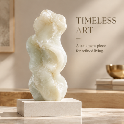 Abstract wave stone sculpture on surface with brass bowl in background — Timeless Art, A statement piece for refined living