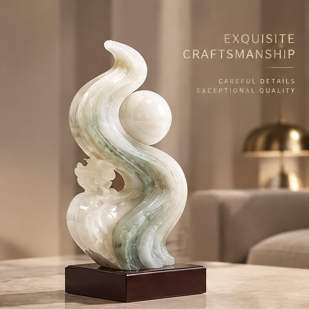 Abstract jade S-wave sculpture in living room setting with gold lamp in background — Exquisite Craftsmanship, Careful Details, Exceptional Quality