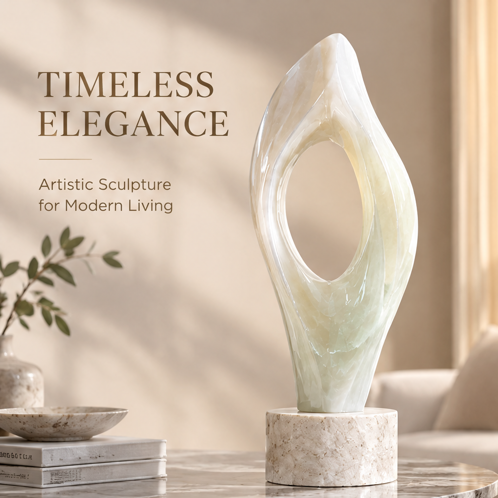 Abstract open-form flame stone sculpture in modern living room with green plant and books — Timeless Elegance, Artistic Sculpture for Modern Living
