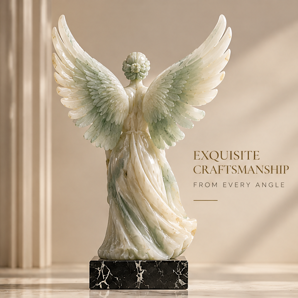 Natural jade angel sculpture rear view showing full wingspan and draped robes on black marble base — Exquisite Craftsmanship from Every Angle