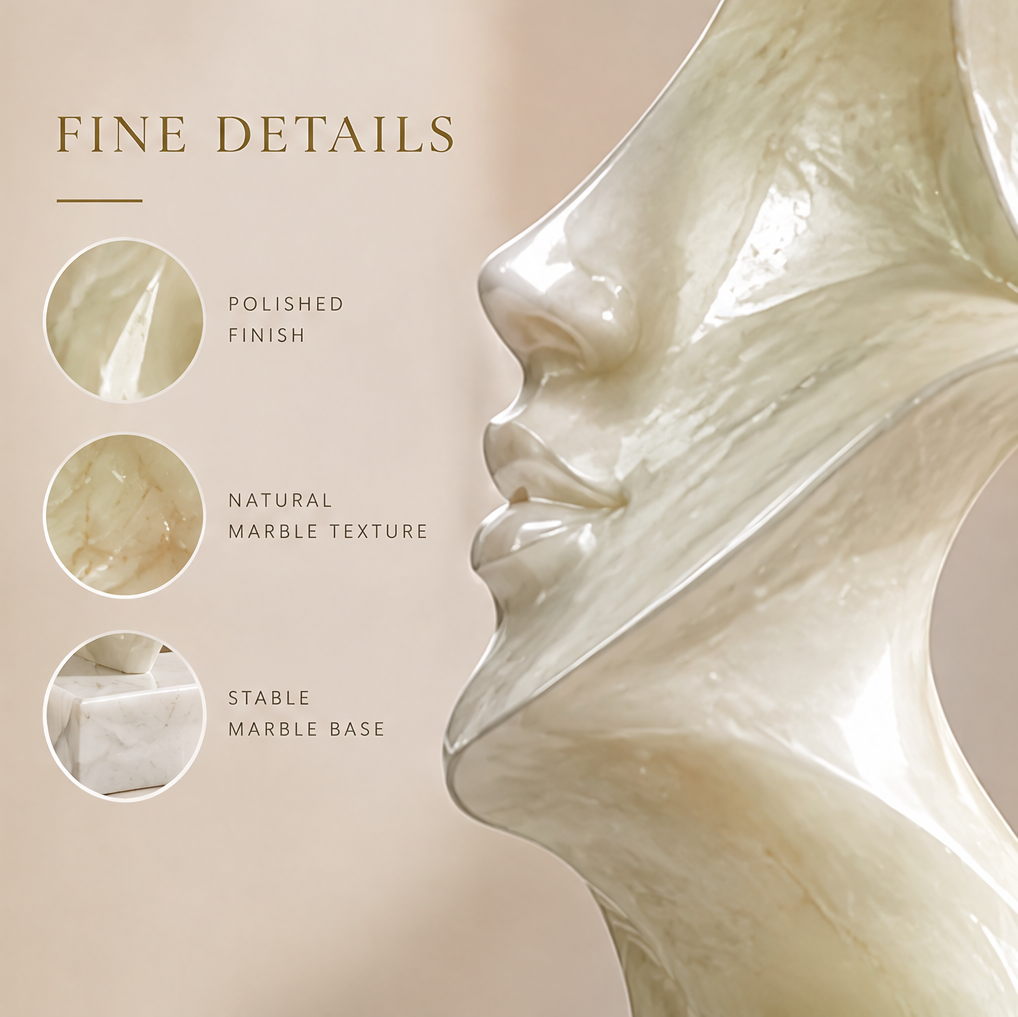 Close-up detail of abstract face marble sculpture showing profile, surface texture and base — Fine Details, Polished Finish, Natural Marble Texture, Stable Marble Base
