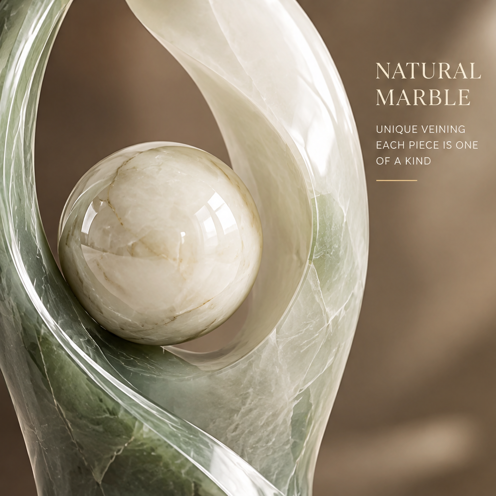 Close-up of natural marble sphere nestled in the sculpture — Natural Marble, unique veining, each piece is one of a kind