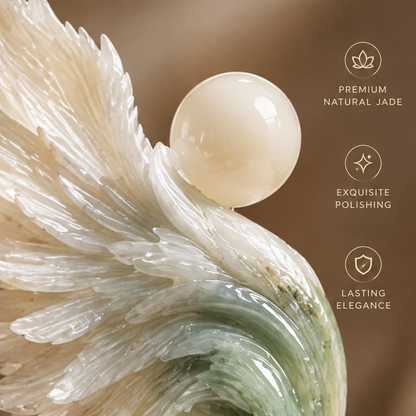 Abstract jade wing-wave sculpture front view with sell points — Exquisite Craftsmanship, Natural Jade Stone, Handcrafted Details, Lasting Beauty