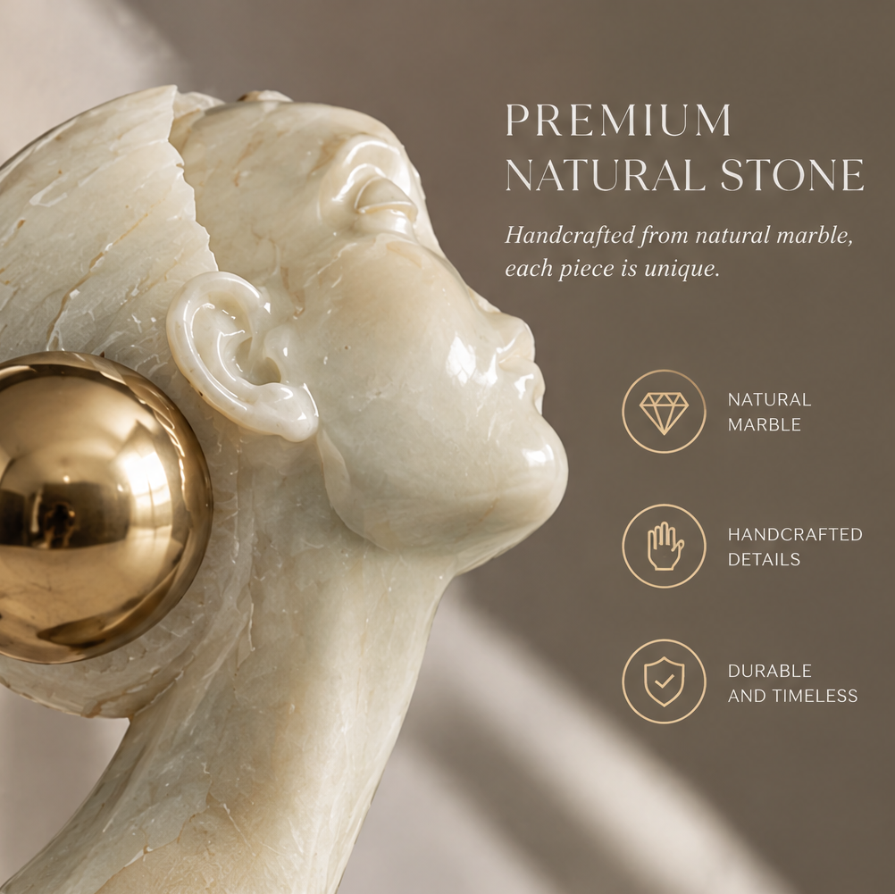 Side profile close-up of marble female face with gold sphere — Premium Natural Stone, Handcrafted from natural marble, each piece is unique. Natural Marble, Handcrafted Details, Durable and Timeless